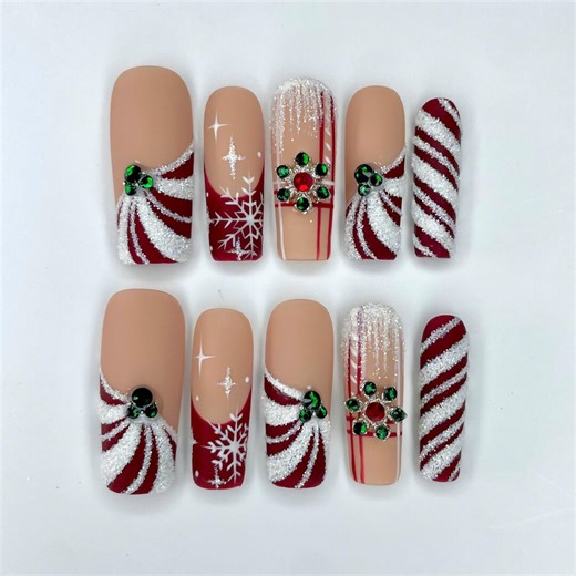 Christmas Peppermint Swirl Press on Nails, Red White Glitter Snowflake Nails, Winter Nail Set - Etsy