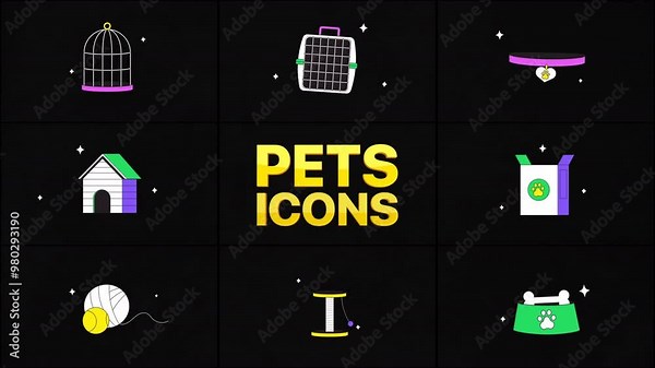 Bring your pet-related projects to life with the Pets Icons motion graphics pack. This collection features charming, hand-drawn animated icons, including pet houses, bowls, collars, cages, and more. F