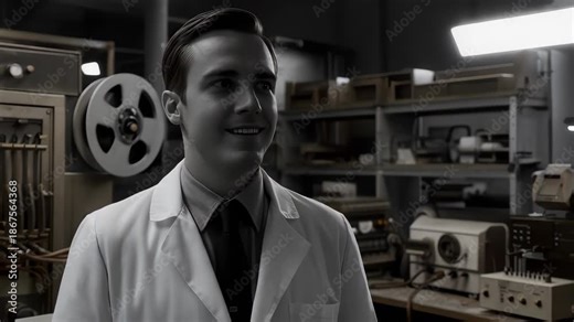 Engineers working on early punch card computer system, vintage black and white