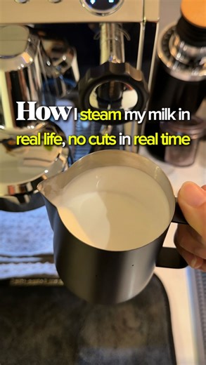 Jun | Home barista on Instagram: "How I steam my milk in real life, no cuts and in real time Start by purging the steam wand to remove excess water so only dry steam enters the milk. Fill the pitcher up to the spout, align the steam wand with the spout, and keep it slightly off-center. Create a smooth vortex, listen for the hissing sound to control air injection, then slowly stop aeration by lifting the picther gently and texture the milk. Calm, gentle movements are key to achieving smooth, silk