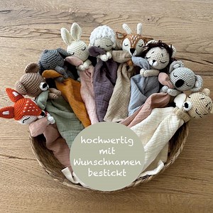 Schnuffeltuch Schmusetuch mit Namen bestickt Häkeltier personalisiert Musselintuch Kuscheltier gehäkelt Babygeschenk Hase Bär Junge Mädchen - Etsy.de