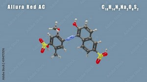 Allura Red AC molecule of C18H14N2Na2O8S2 3D Conformer animated render. Food additive E129. Isolated background and alpha layer, seamless loop