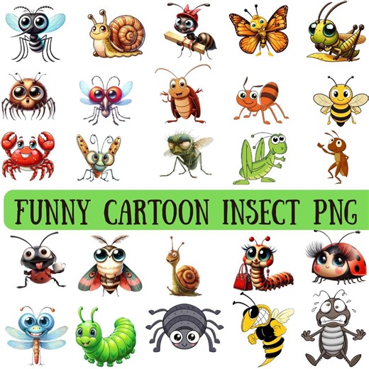 Funny Cartoon Insects PNG Bundle, Bug Clipart (instant Download - Etsy