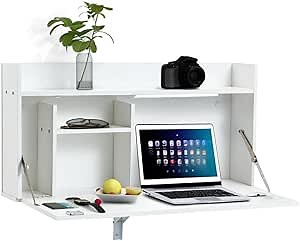 JOMEED Wall Mounted Desk Multifunctional Floating Desk with 3 Colors LED Lights Lockable Fold Down Wall Desk with Space-Saving Storage Shelves & Built-in Power Outlets White