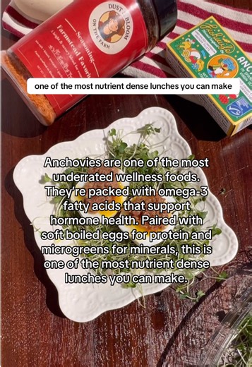 Anchovies are one of the most underrated wellness foods. They’re packed with omega-3 fatty acids that support hormone health. Paired with soft boiled eggs for protein and microgreens for minerals, this is one of the most nutrient dense lunches you can make. #anchovies #highproteinlunch #hormonehealth #nutrientes @Fishwife