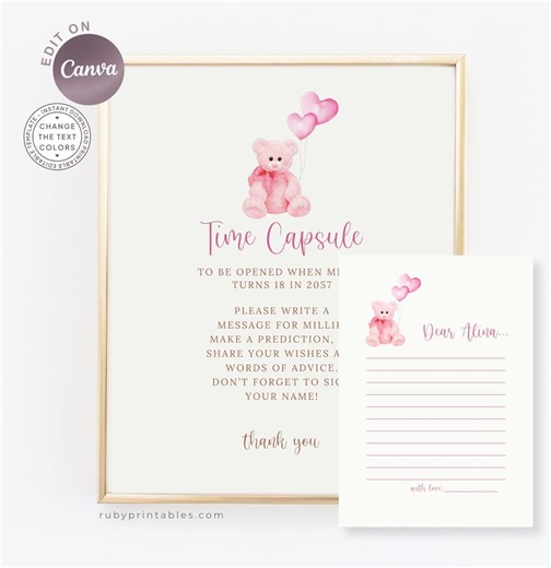 Birthday Time Capsule Sign Editable Template, Pink Teddy Bear Party Decor (canva Instant Download) - Etsy