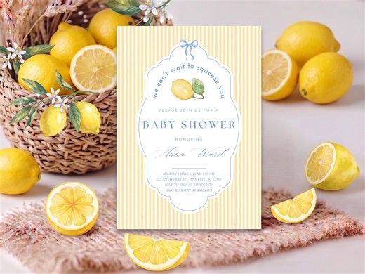 Lemon Baby Shower Invitation, Blue Vintage Citrus Invite (canva Editable) - Etsy