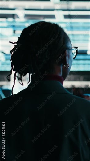 Vertical video Debugging system errors, AR technology and software developer in data center using tablet. Running equipment diagnostics, wireframe mesh supercomputer and professional walking in server