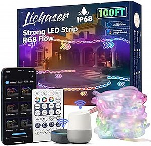 Lichaser IP68 Strong RGB Flow Outdoor LED Strip Lights Waterproof, DIY, Chasing, Segment RGB Flow LED Lights Strip Work with BT APP and RF Remote for Outdoor Decor (RGB+IC, WiFi+BT 100FT)