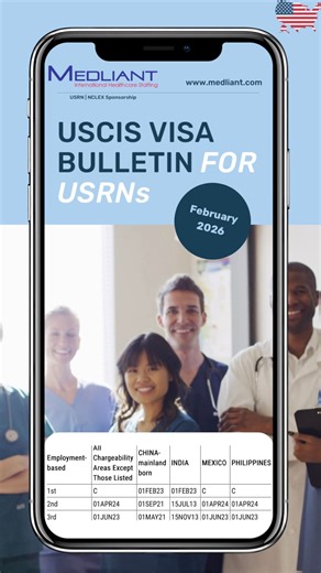 February 2026 Visa Bulletin Update For USRNs 🩺🇺🇸 Apply today for Medliant USRN and NCLEX Sponsorship to get your priority date (place in line), as your turn could be quickly approaching! To apply, email your resume to nursebrennan@medliant.com Medliant is continuing to sponsor International Registered Nurses to immigrate and work in the USA! 🩺🇺🇸 Candidates will receive EB3 Green Card Visa sponsorship for you, your married spouse, and unmarried children under 21 years of age so that you can