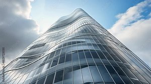 A tall, modern skyscraper with a curved glass facade reaches towards a blue sky with white clouds
