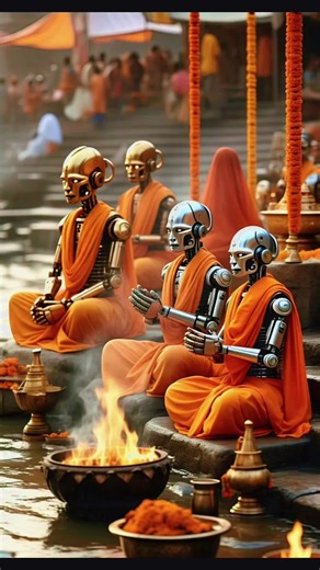 In a world where machines find faith, even robots sit like rishis—draped in orange, chanting ancient mantras by the holy river, blending technology with tradition in perfect harmony. #rishi #mahakumbh #robot #worship #india #foryoupage #foryou