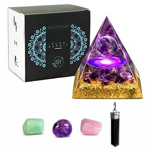 Amethyst Organite Orgone Pyramid Positive Energy - Orgone Generator Orgonite Pyramid - Crystal Pyramid With Tourmaline Pendant & Amazonite Rose Quartz Amethyst Stone - Spiritual Gift for Women Men