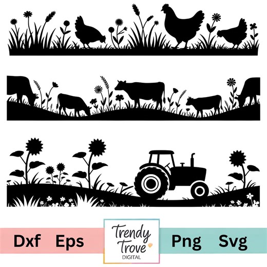 Farm Scene Border SVG Bundle: Tractor, Cow, Chicken Grass Landscape Cut Files - Etsy