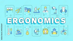 Ergonomics word cloud animation. Ergonomic workplace. Fitness equipment, disability. Healthcare environment. Animated banner with colorful icons. HD video with alpha channel. Motion graphic