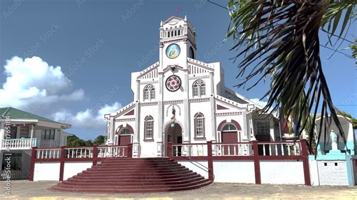 Beautiful white St Joseph's Cathedral in Neiafu, Tonga. Christianity in Pacific Islands, architecture