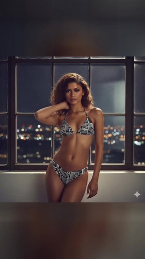 “Zendaya in a mint satin bikini with relaxed cargo denim, soft back-angle pose near yacht stairs with ocean mist.” | Zendaya Royale