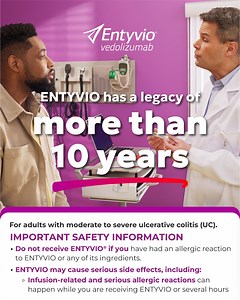 1K views | For full Prescribing Information, including Medication Guide for ENTYVIO, please visit: https://ssshare.it/KrH8 With a history of more than 10 years treating adults with moderate to severe ulcerative colitis (UC),* ENTYVIO offers 2 treatment options—ENTYVIO IV and, more recently, the ENTYVIO Pen. Talk to a healthcare provider to learn more. *ENTYVIO IV was FDA approved in May 2014. | ENTYVIO (vedolizumab) | Facebook