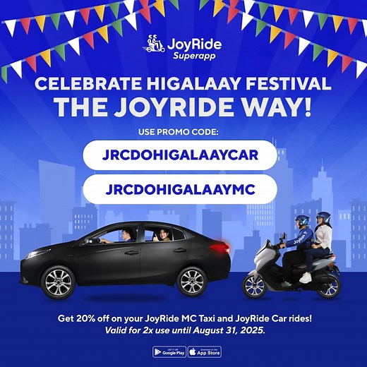 Higalaay Festival just got better with JoyRide Promocodes! 🎉 Use our exclusive promo codes and enjoy discounts on your JoyRide trips until August 31, 2025. ✨ MC Taxi: 20% OFF (max ₱20) use code JRCDOHIGALAAYMC ✨ Car: 20% OFF (max ₱50) use code JRCDOHIGALAAYCAR ☑️ Valid for 2x use each promocode More savings, more fun, more fiesta vibes with JoyRide! 💙 Download the JoyRide Superapp here: https://joyride.com.ph/ #JoyRidePH #JoyRideSuperapp #JoyRideCDO #HigalaayFestival | JoyRide Superapp