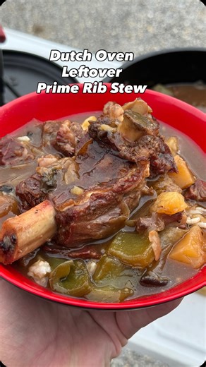 Adam Booth on Instagram: "I used my leftover Christmas prime rib for some delicious Dutch oven stew at camp. The perfect recipe for them delicious ribs too! Served over white rice. #abombbq #abomadventures #dutchoven #primerib #stew"