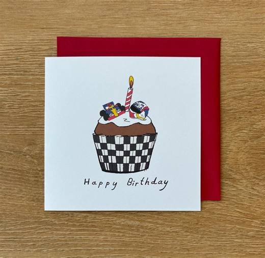 Formula One birthday card, F1 happy birthday cards, cupcake, formula 1 racing cars, grand prix