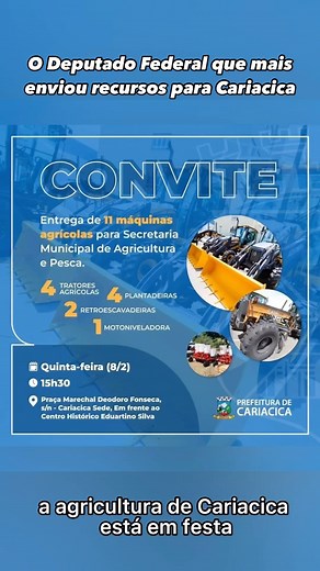 5.8K views | Amanhã na Praça de Cariacica Sede às 15:30hs uma grande festa para entrega de vários equipamentos para nossa população. Às máquinas vão atender os agricultores da nossa região rural e são frutos do mandato do Deputado Federal Messias Donato. Venha e traga a sua família. | Cariacica News | Facebook