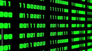 Abstract binary code background with green digits moving right on the screen. Data, code, decryption and encoding concepts. Seamless loopable background.