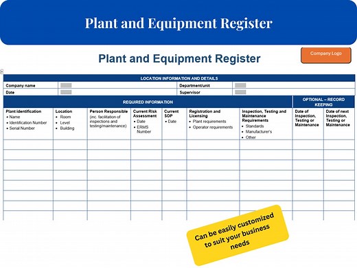 Plant and Equipment Register Template | Digital Download | Word Format | Easy-to-use | Comprehensive Tracking - Etsy