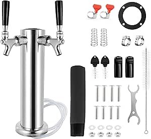 All Stainless Steel Kegerator Tower, Upgraded Dual Tap Beer Tower Dispenser Kegerator Parts，3 Inches Beer Tower Includes Pre-Assembled Hose and Self-Closing Faucet
