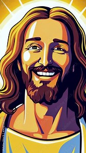 jesus christ face smiling with halo and rays of light cartoon style animation isolated. represent jesus love, ascention, ressurection, and transformation - 4k 9x16 vertical stock video footage AI