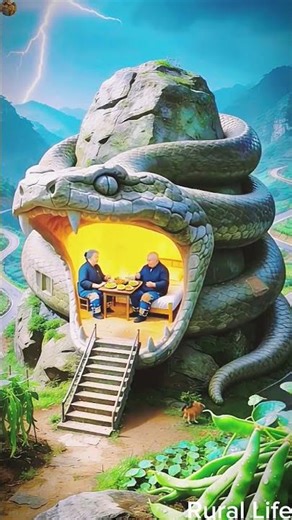 Two people are sitting at a small table eating inside the snakes open mouth #rurallife #shortsfeed