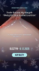 ✨ Interaktywne show dla dzieci! Teatr Baniek Mydlanych ze spektaklem „Świąteczna Bańkolandia” 🧑🏻‍🎄🫧🎄 📍 Olsztyn, Aula Auditorium Maximum 🗓️ 9 grudnia 2025 GODZINY: 10:00 17:00 W Bańkolandii nigdy nie spadł prawdziwy śnieg – aż dwoje uczniów magicznej szkoły postanawia stworzyć go z baniek mydlanych! ❄️ Gdy jednak ich plan zakłóca złe zwierciadło Mistrza Bulbulasa, tylko dzieci z widowni mogą pomóc uratować święta! ✨ Dla kogo jest ten spektakl? 👨‍👩‍👧‍👦 Dla rodzin z dziećmi, przedszkoli,