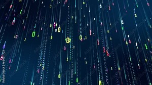 3D animation. Matrix code falling computer digital code rain background. Hi tech digital matrix binary code falling. Concept of science, motion graphic, digital technology, hacker and programming.