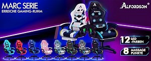 ALFORDSON Gamer-Stuhl Gamer Stühle RGB LED Racing PC-Gaming-Sessel Massage Bürostuhl ergonomisch Schreibtischstuhl Fußstützen, 90-150°Neigungswinkel,180 kg belastbar, Stoff, Grau