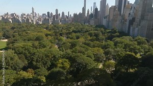 Flying over a building, revealing the sunny Central park of New York - Aerial view