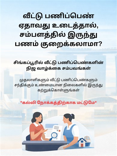 Salary Deduction ஏதாவது உடைந்தால் உடனே சம்பளத்தில் இருந்து பணம் குறைக்கலாமா? சிங்கப்பூரில் இதற்கு தெளிவான விதிமுறைகள் இருக்கிறது. நியாயமானது என்ன, தவறானது என்ன — இருவரும் தெரிந்திருக்க வேண்டியது முக்கியம். ⚠️ MOM வழிகாட்டுதல்களை அடிப்படையாகக் கொண்ட கல்வி தகவல் மட்டுமே.#fyptamil #househelper #domestichelpersingapore #mdw #domestichelpertips #fyp #employertips #fdw #MOMguidelines #MOM #compensation