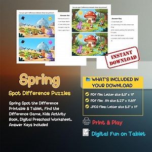 Spring Spot the Difference Printable & Tablet, Find the Difference Game, Kids Activity Book, Digital Preschool Worksheet - Etsy