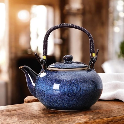 Handcrafted Blue Ceramic Teapot With Woven Handle | Japanese Stoneware Tea Pot Set With Brass Details | Elegant Zen Tea Set - Etsy