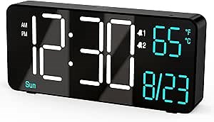KOSUMOSU Alarm Clocks for Living Room, 6.7in Small Digital Clock for Bedroom, Auto Dimming,Date,Day of Week,Seconds or Indoor Temperature,Digital Alarm Clocks for Bedrooms,LED Desk Clock