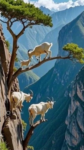 Mountain Goats Climbing a Tree on a Cliff! 🐐🌄 Unbelievable Nature Moment#MountainGoats #viralvideo