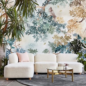Vintage Chinoiserie Bird Wallpaper, Blue Green Botanical Wall Mural, Watercolor Tree Branch, Peel and Stick Removable Wallpaper - Etsy