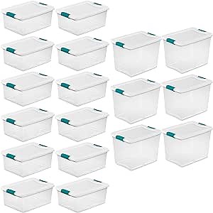 Sterilite 12 Pack 15-Quart & 6 Pack 25-Quart Storage Bins, Stackable Clear Plastic Totes w/ Latch Lids
