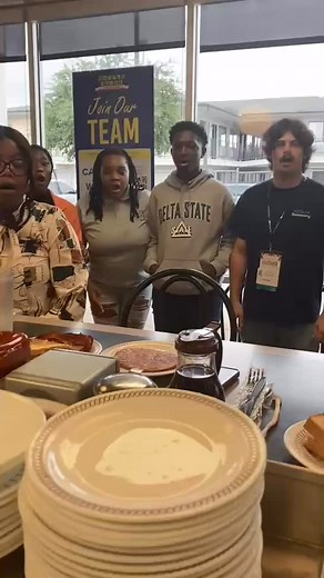 When your choir can rock it chopped, smothered, and covered! Thanks to the Hattiesburg @wafflehouseofficial for allowing members of the Delta State Choir to “sing for their supper”! Let’s go! #Music #StudentAffairs | Delta State University VP for Student Affairs