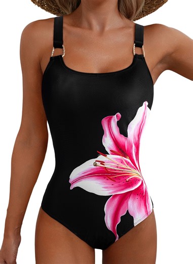Eytino Bathing Suits for Women Metal Ring Wide Straps One Piece Swimsuits Tummy Control Floral Print Swimwear