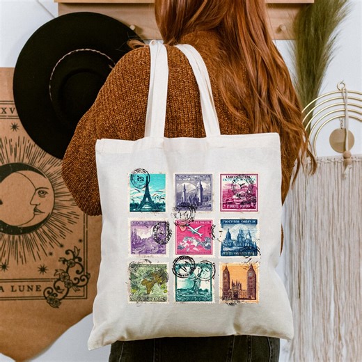 Travel Tote Bag Canvas Postage Stamp Design Landmark Cotton Market Shopping Carrier Eco Grocery Reusable Wanderlust Paris London Monument - Etsy