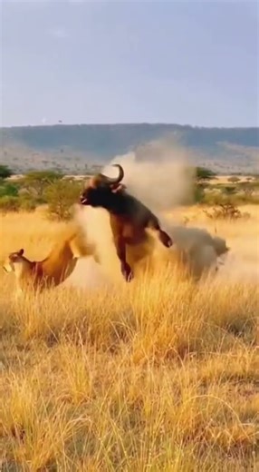 Buffalo vs. Lion protecting its cub