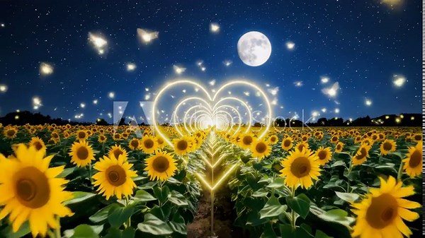 Sunflowers Bloom in a Field With Heart Shaped Lights and Moonlight