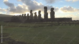 View of seven Ahu Akivi Moai, which are the only Moai to face the sea (Easter Island) time-lapse