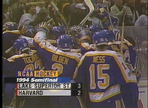 The 1994 NCAA Tournament featured a record-tying 4️⃣ overtime games, with three of those games featuring eventual National Champion Lake Superior State University Ice Hockey, including this 3-2 overtime win in the National Semifinals against Harvard. | NCAA Hockey
