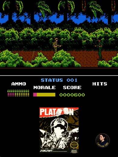 🎮🪖 Platoon – Nintendo Entertainment System (NES) Released on the NES in 1988, Platoon was based on the powerful Vietnam War film directed by Oliver Stone. Unlike many action games of the era, this one tried to capture the tension and danger of being a soldier in the jungle. Players took control of a lone soldier navigating through dense jungles, underground tunnels, enemy bunkers, and dangerous rivers, searching for fellow soldiers and essential equipment before taking on enemy forces. The gam
